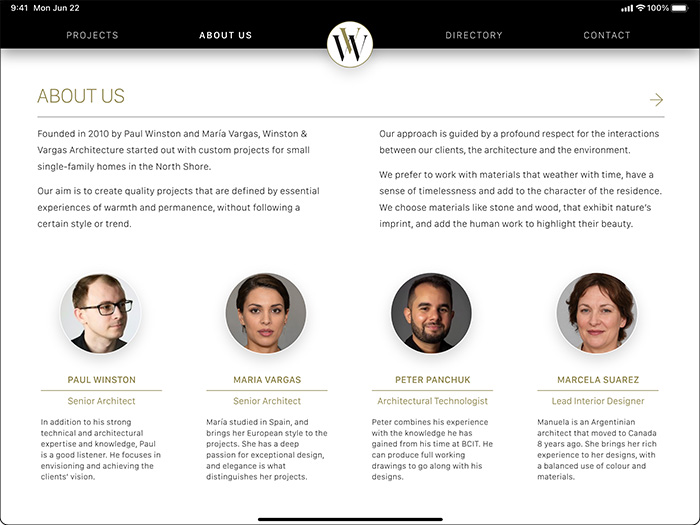 Winston & Vargas About Screen for iPad App 